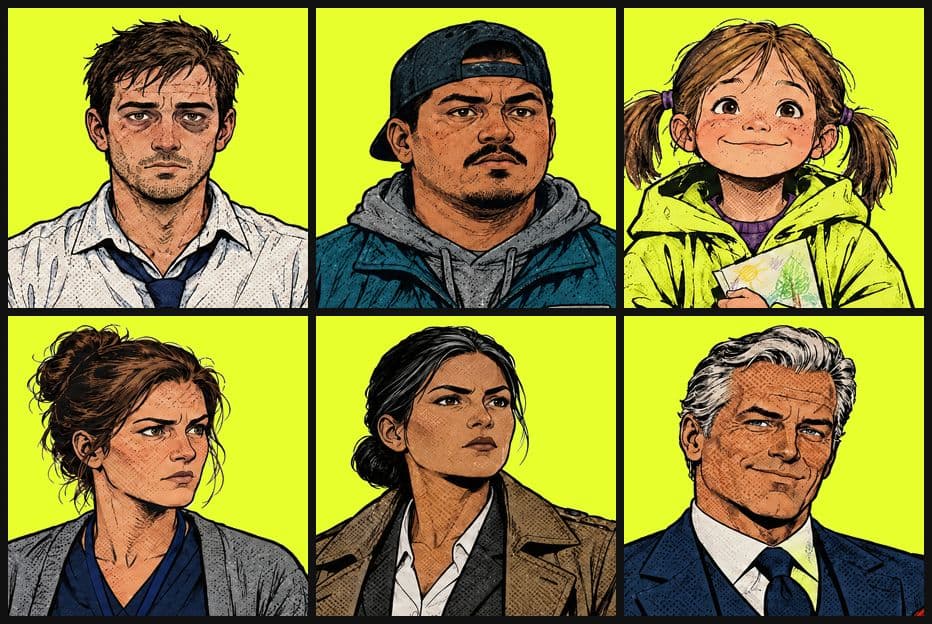 The cast: Nate, Danny, Lily, Anna, Detective Alvarez and Victor Kane